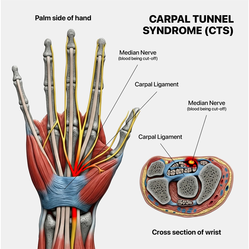 Wrist anatomy — median nerve inside carpal tunnel, blood being cut off